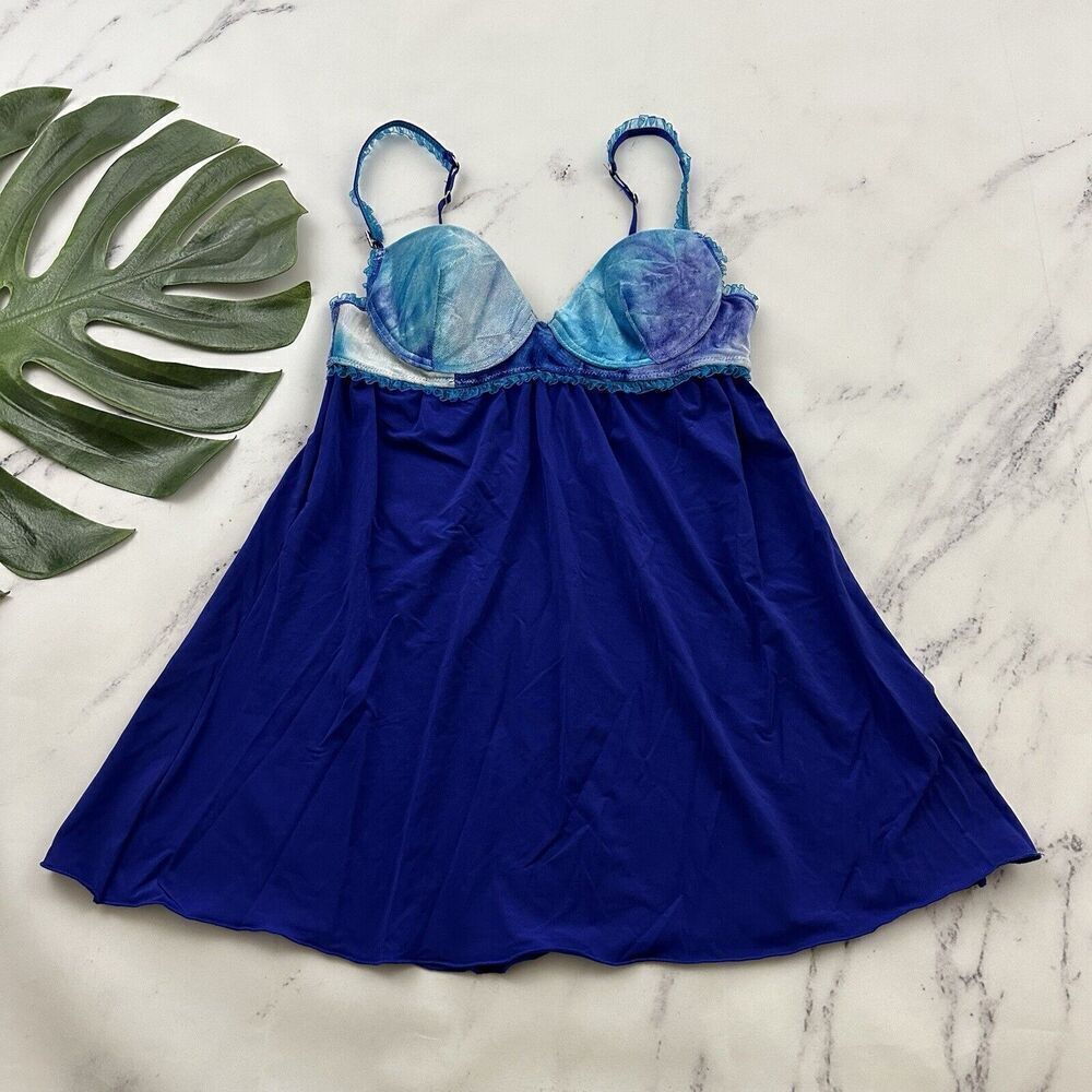 Womens Vintage Y2k Velvet Negligee Babydoll Top Size 32 B Blue Ruffle Trim